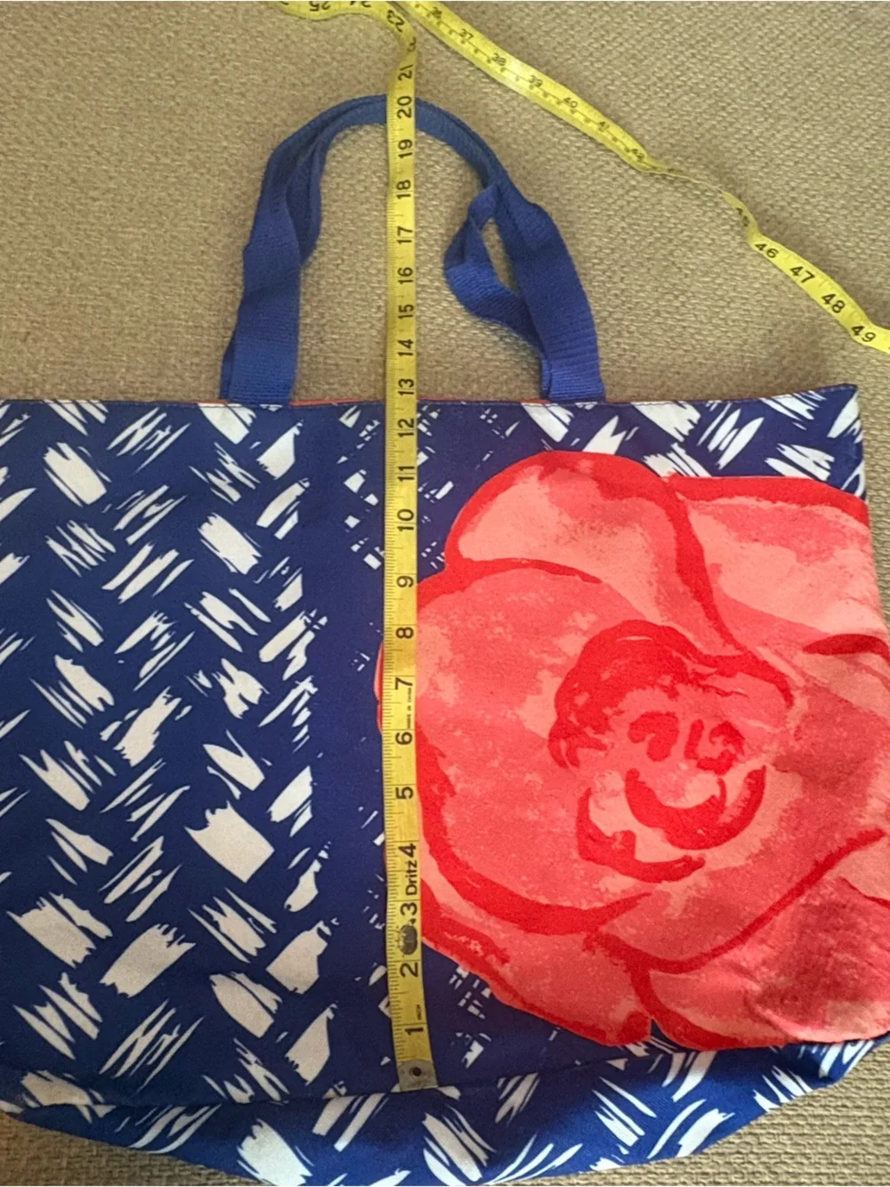 Lancôme Paris Canvas Tote Bag – Blue & White Abstract with Coral Rose Graphic